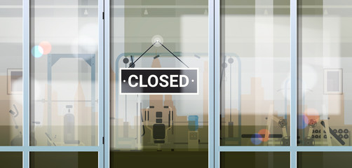 sorry we are closed sign hanging outside sport gym coronavirus pandemic quarantine bankruptcy commerce crisis concept horizontal vector illustration