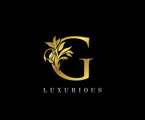 Classy Golden G Letter Floral logo. Vintage drawn emblem for book design, weeding card, label, business card, Restaurant, Boutique, Hotel.