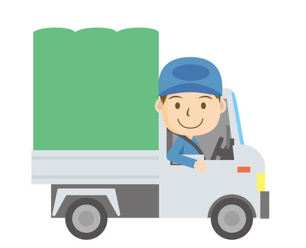 働く車と人物のイラスト｜軽トラックと笑顔のドライバーの男性｜物流運輸配達引越し