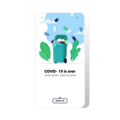 used protective masks in trash bin global pandemic coronavirus covid-19 quarantine is over smartphone screen mobile app copy space vector illustration