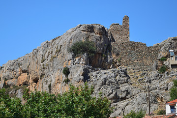Castle rock at Chora, Samothraki island, Greece, Aegean sea. Ruins of the medieval Genoese castle of Gattiluzzi family in Chora