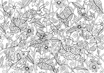 Coloring Book. Colouring pictures with insects, plants and berries. Antistress freehand sketch drawing.
