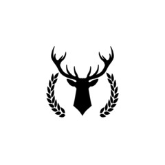 Hunting trophy. Deer head with big antlers in laurel wreath isolated on white background