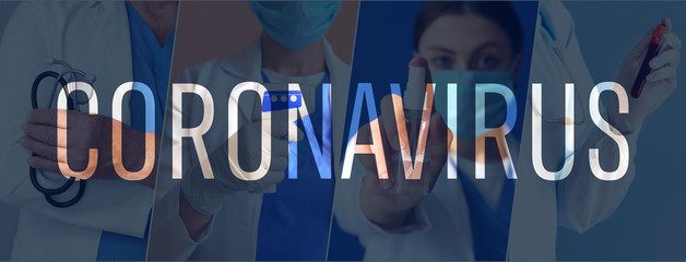 Doctor with thermometer on color background. Concept of Coronavirus epidemic