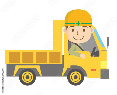 働く車と人物のイラスト ダンプカーと笑顔のドライバーの男性 土木工事建設建築 Wall Mural Globeds