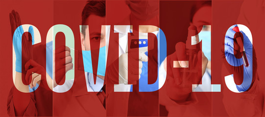 Doctor in protective mask showing stop gesture on color background. Concept of epidemic