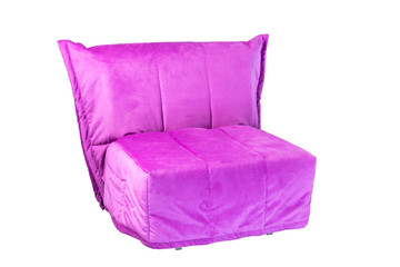 bright little purple sofa folded and laid out as a bed isolated on a white background