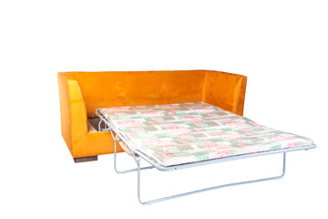 bright orange sofa folded and laid out as a bed isolated on a white background