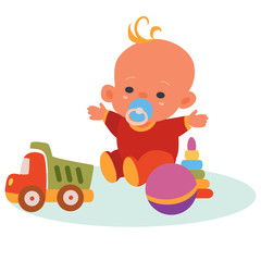 Fototapeta premium baby in red overalls and a blue pacifier in his mouth sits among toys, machine, ball, pyramid, isolated object on a white background, vector illustration,