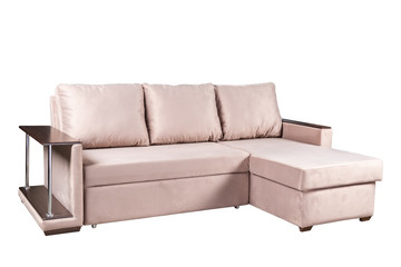 beige light brown sofa folded and laid out as a bed isolated on a white background