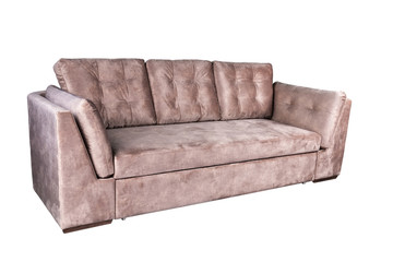 beige light brown sofa folded and laid out as a bed isolated on a white background