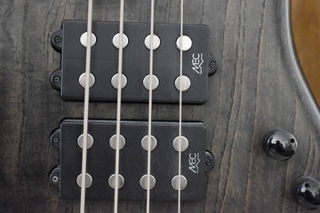 Closeup of four bass strings and black pickups on a grey swamp ash bass body