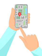 Vector image of a phone with a map. Smartphone in the hands. Illustration of navigation and gps on screen. Destination, tourism, route to the place