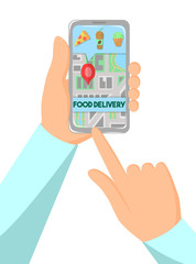 Vector image of a phone with a city map. Smartphone in the hands. Illustration of navigation and gps on screen. Order food online and home delivery. Takeaway Restaurant