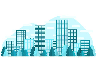 Vector illustration of a city. Image of buildings in daylight. Panorama of the town with trees, windows, houses in blue. For background, poster, print, web.