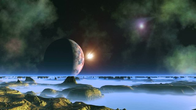 Clash of Two Stars. Over an alien planet dark starry sky, huge moon and nebulae. Two bright objects (ufo) fly to meet each other and collide, flashing brightly. Mountains stand amid thick blue fog.