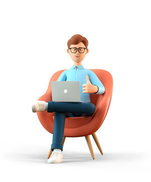 3D illustration of smiling man with laptop sitting in armchair and showing gesture cool. Cartoon businessman with thumb up sign, working in office and using social networks, isolated on white.