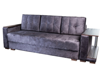 dark purple burgundy glossy shiny sofa folded and laid out as a bed isolated on a white background