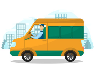 Vector image of the courier on the van. Young driver with an order on the truck. Illustration of the fast delivery. Online shopping and ordering. City on the background.