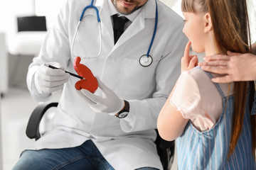 Woman with her little daughter visiting gastroenterologist in clinic