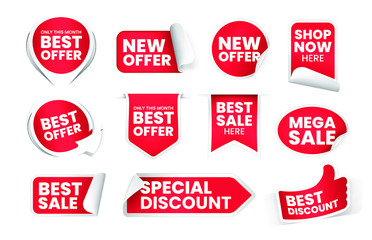 Collection of High Quality Realistic Red Labels on White Background . Isolated Vector Elements
