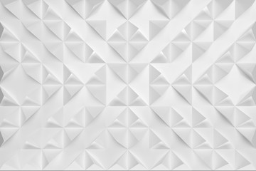 3D illustration, canvas consisting of white-gray structured arranged geometric cut-off pyramids, squeezed out of paper, turned in different directions. Modern origami background for graphic design