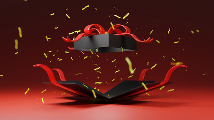 3d rendering black gift box bomb with gold ribbon, black Friday, Christmas, happy new year. Happy birthday, boxing day