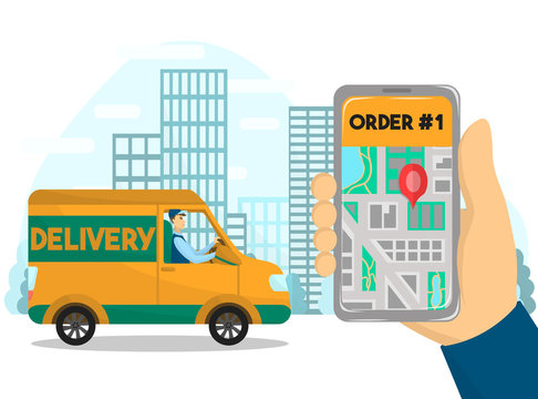 Vector illustration of the phone and city map. Smartphone in hands with destination pin. Food delivery driver on a truck or van. Online shopping and order. Image of navigation and gps on screen.