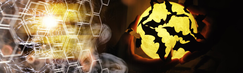 Black silhouettes of bats on a background of the moon. Halloween concept. Scary background. Frightening abstract objects for Halloween.