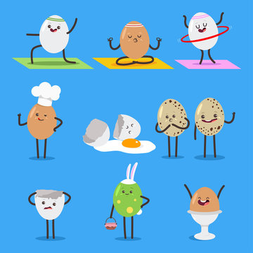 Cute eggs vector cartoon characters set isolated on background.