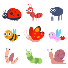 Bugs and insects vector cartoon set isolated on a white background.