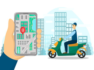 City map vector image. Delivery driver on a scooter or motorcycle. Smartphone in hands with destination. Illustration of navigation and gps on screen. Town on the background