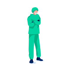 Medical professional in protective suit and mask, isolated on white background. Male surgeon doctor in uniform. Treatment and healthcare. Cartoon specialist helps people. Flat vector illustration