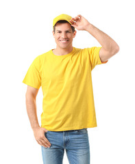 Man in stylish t-shirt on white background