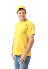 Man in stylish t-shirt on white background