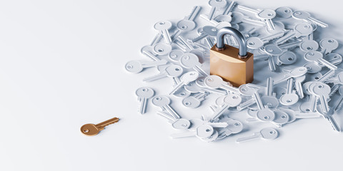 Keys are scattered around the padlock, concept of privacy, problem solving, solutions and correct answer. 3d rendering