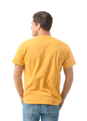 Obraz premium Man in stylish t-shirt on white background