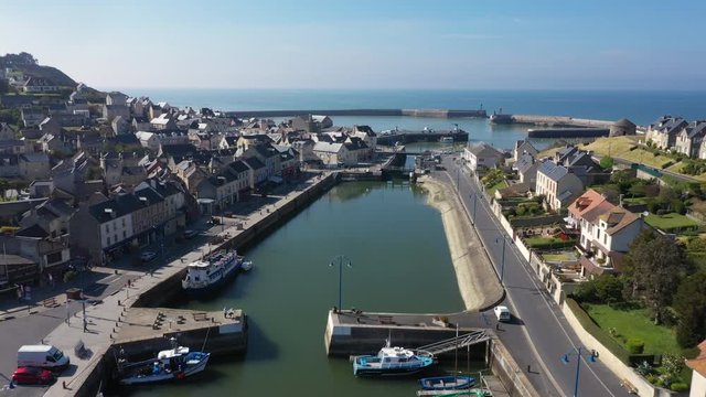 Aerial view of the city of Port-en-Bessin and its port. Port-en-Bessin is a commune in the Calvados department in the Basse-Normandie region in northwestern France.