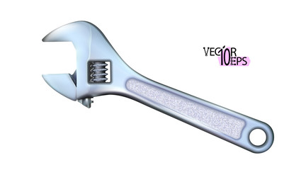 Realistic chrome adjustable wrench, monkey spanner. New hand tool isolated on a white background. Labour day holiday design. Vector illustration.