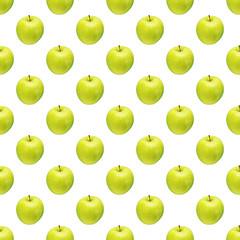 Pattern of green apples on a white background. Isolated fruits. Image for fabric, wallpaper and wrapping paper.