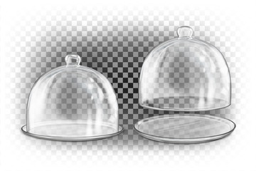 Open and closed glass transparent cloche on a plate. Round glass transparent cover with a handle in a front view. Vector 3d illustration isolated on transparent background.