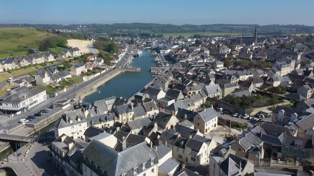 Aerial view of the city of Port-en-Bessin and its port. Port-en-Bessin is a commune in the Calvados department in the Basse-Normandie region in northwestern France.