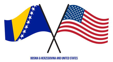 Bosnia & Herzegovina and United States Flags Crossed Flat Style. Official Proportion Colors