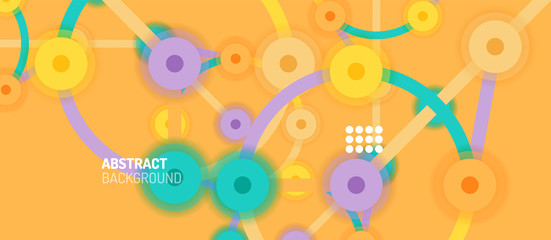 Flat style geometric abstract background, round dots or circle connections on color background. Technology network concept.