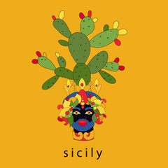 Traditional sicilian vase with moor head and cacti on yellow background. Moorish idol. Italy, Sicily. Vector illustration of sicilian symbol, souvenir. Postcard, print design