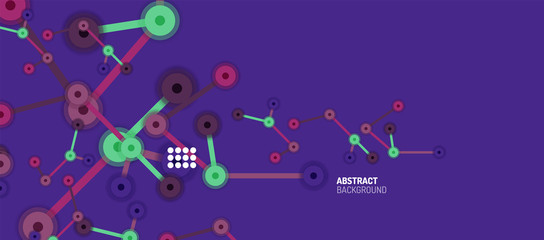 Flat style geometric abstract background, round dots or circle connections on color background. Technology network concept.