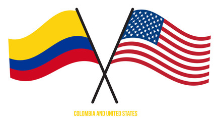 Colombia and United States Flags Crossed And Waving Flat Style. Official Proportion. Correct Colors