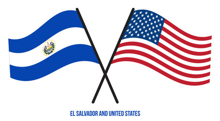 El Salvador and United States Flags Crossed Flat Style. Official Proportion. Correct Colors