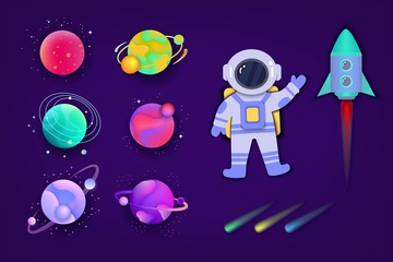 Fototapeta premium Colorful space planet set with cartoon astronaut and rocket isolated on dark background