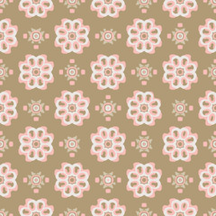 Pink khaki Indian block print abstract floral seamless vector pattern background with stylised flowers for fabric, wallpaper, scrapbooking projects.